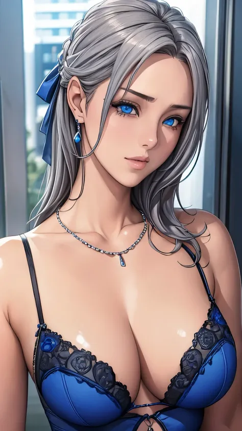 beautiful girl, Gray Hair, blue eyes,blue eyes,Black underwear with white lace, big 、In close range、Blue Earrings、blue necklace