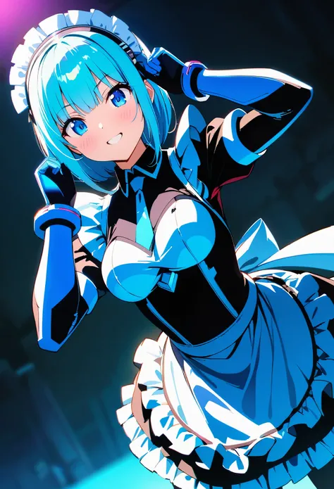 (highest quality:1.2, 4K, 8k, Studio Anime, Very detailed, up to date, Vibrant, High detail, High Contrast, masterpiece:1.2, highest quality, Best aesthetics), (((1 girl))), Stand and pose, Maid, Maid服, Cyber Suit:1.2, サイバーパンクMaid服:1.4, Bodysuits, Headdres...