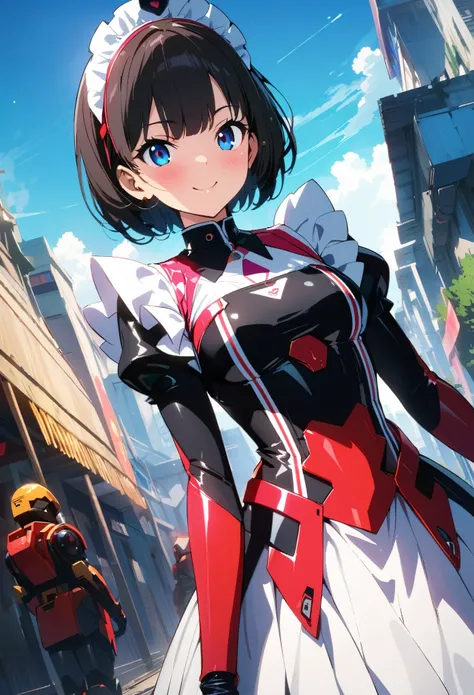 (highest quality:1.2, 4K, 8k, Studio Anime, Very detailed, up to date, Vibrant, High detail, High Contrast, masterpiece:1.2, highest quality, Best aesthetics), (((1 girl))), Stand and pose, Maid, Maid服, Cyber Suit:1.2, サイバーパンクMaid服:1.4, Bodysuits, Headdres...