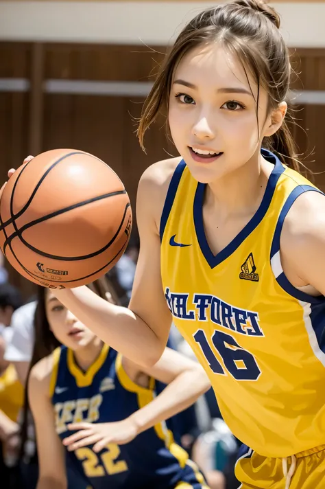 Realistically、Two strong 16-year-old female basketball players、Smooth, Straight brown hair、Super Fit Basketball Wear、Wearing yellow basketball shorts、No bra:1.1、Chest pop、Perfect balance、smile、Basketball court during a game、Upper Body Shot:1.1、Serious look...