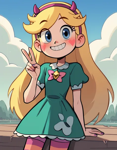 score_9, score_8_up, score_7_up, score_6_up, mngmst_style, star butterfly, 1girl, solo, long hair, blush, green dress, striped t...