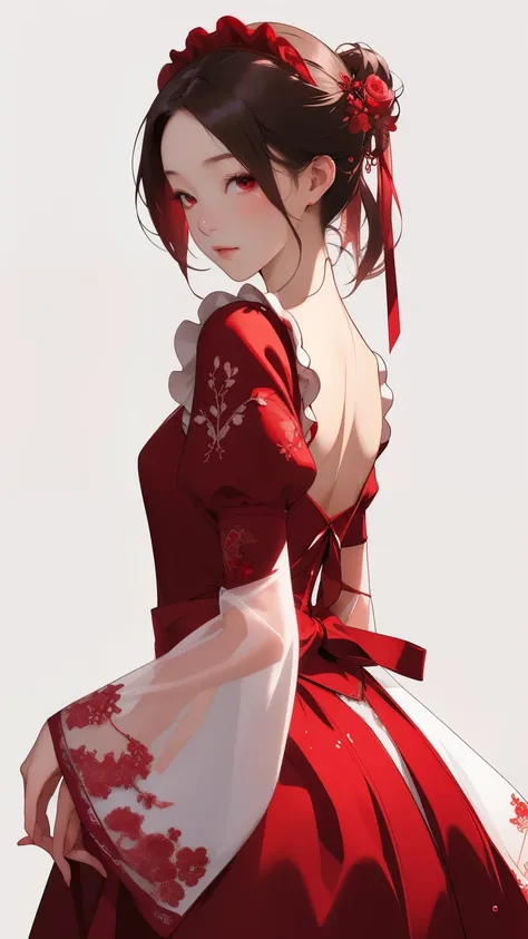 Maid clothes。Design Concept Art、Costume design only、Wine red design、 Translucent、 Romantic、Fantastic and dreamy, dream style, embroidery, Backlight、splash、Blank background、