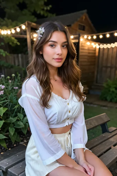 Photorealistic, ultra-detailed, fashion-forward Influencer, Lifestyle photography, Dual setting, Sitting on a vintage bench, surrounded by a picturesque cottagecore garden, enchanting twilight, Spring with blooming flowers, Exuding chic authenticity, Chest...