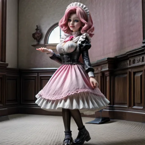 milf wearing Maid Outfit, standing, pink hair