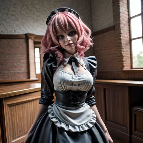 milf wearing Maid Outfit, standing, pink hair