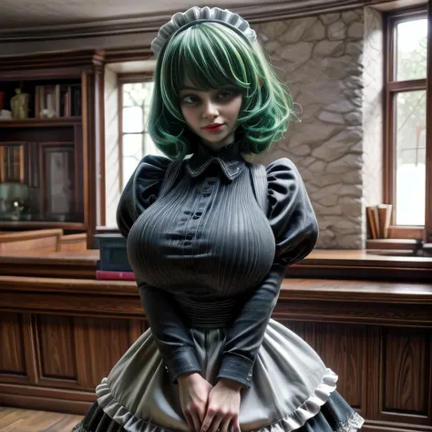 milf wearing Maid Outfit, standing, green hair