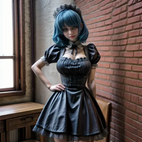 milf wearing Maid Outfit, standing, blue hair