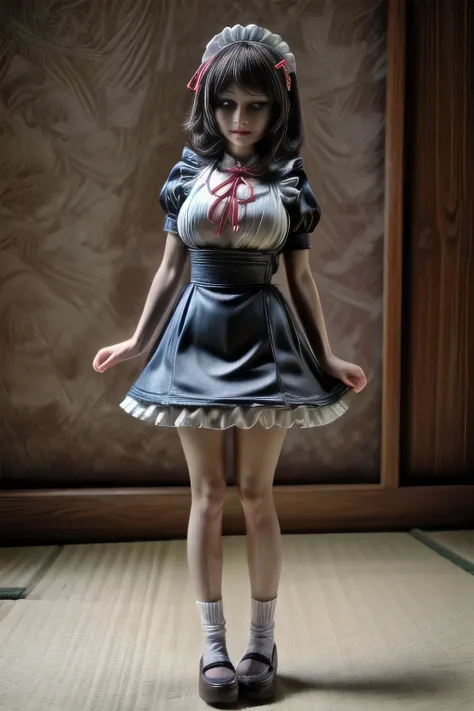 japanese milf wearing mini Maid Outfit, standing, full body shot