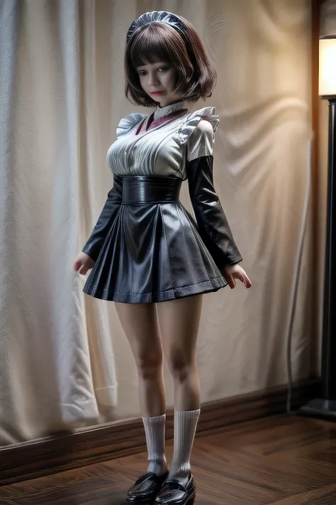 japanese milf wearing long sleeve mini skirt maid outfit, standing, full body shot