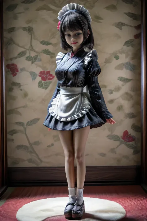 japanese milf wearing long sleeve micro skirt maid outfit, standing, full body shot