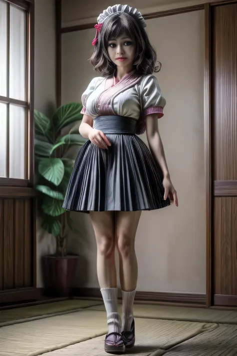 japanese milf wearing short sleeve long skirt maid outfit, standing, full body shot