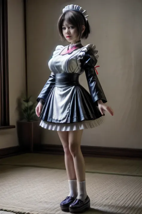 japanese milf wearing shot sleeve middle skirt maid outfit, standing, full body shot