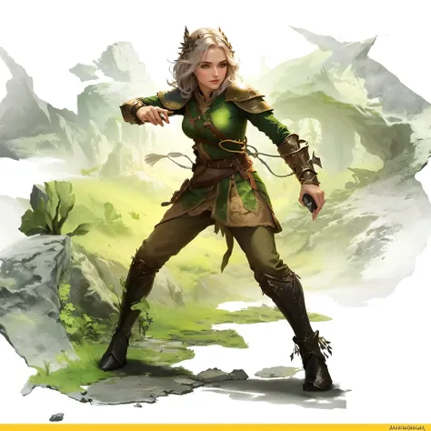 uma mulher com uma roupa verde segurando um arco e flecha, elfo feminino, fantasia d&personagem, d & personagem de fantasia, epic fantasia d & D Hobbit Ladino, do desbravador, Dungeons and Dragons Character, arte de RPG, arqueira florestal feminina, d & pe...