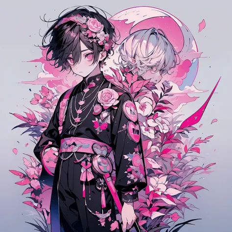 A cool and handsome and sick hair boy standing, whole body display, long legs, pink glow eyes, full body, first view, two view, pixiv award winning, shorts, crescent, pink Scythes, pendants, moon element and decoration, crescent moon behind, pink and white...