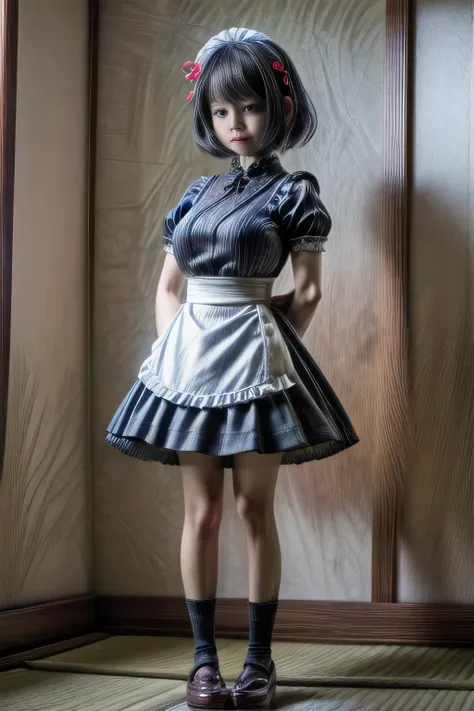 japanese milf wearing maid outfit, microskirt , short sleeve tops, standing, full body shot