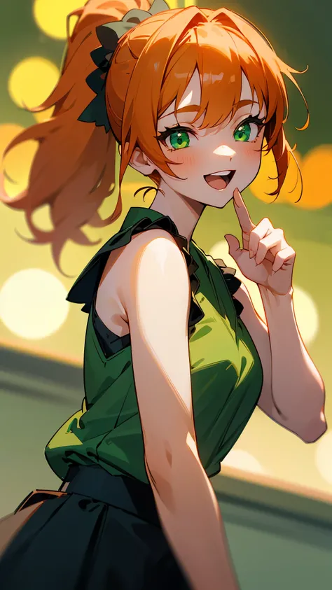 1 Girl、8k、Sharp focus、(Bokeh) (highest quality) (Detailed skin:1.3) (Intricate details) (anime)、Orange Hair、Beautiful green eyes、Side Ponytail、Sleeveless shirt、Black Skirt、Upper body close-up、From the side、smile、Open your mouth