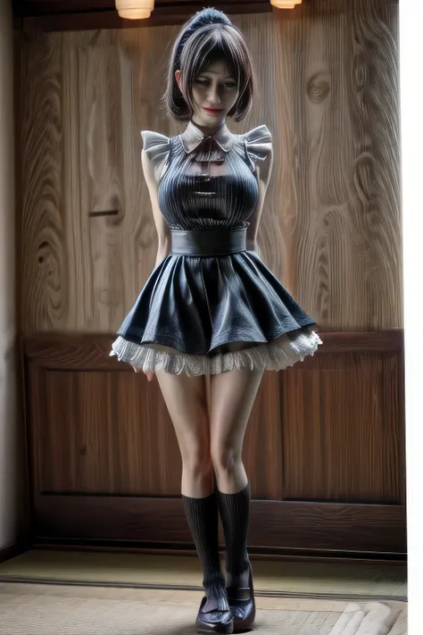 japanese milf wearing Maid Outfit, middle skirt , sleeveless tops, standing, full body shot