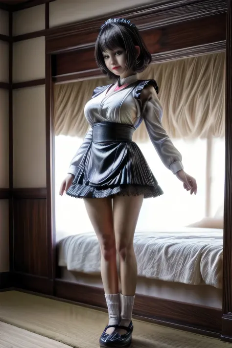 japanese milf wearing Maid Outfit, mini skirt , sleeveess tops, standing, full body shot