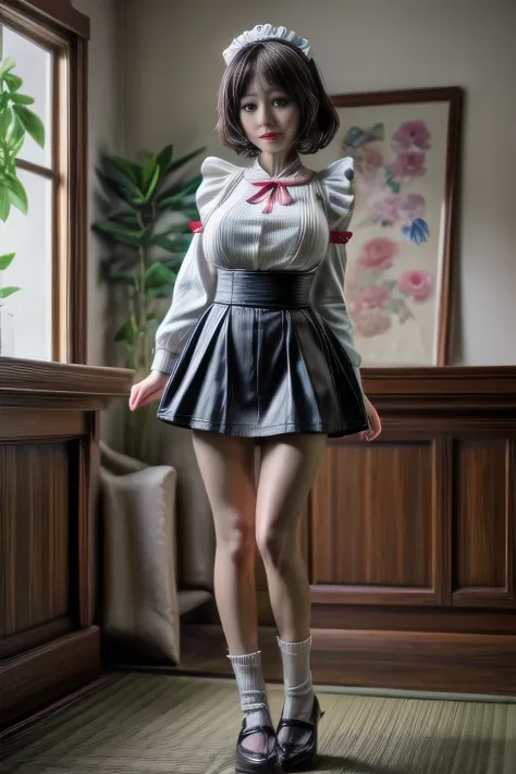 japanese milf wearing maid outfit, mini skirt , sleeveess tops, standing, full body shot