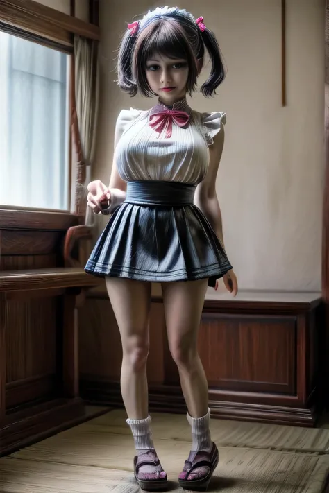 japanese milf wearing Maid Outfit, mini skirt , sleeveless tops, standing, full body shot