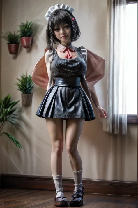 japanese milf wearing Maid Outfit, mini skirt , sleeveless tops, standing, full body shot