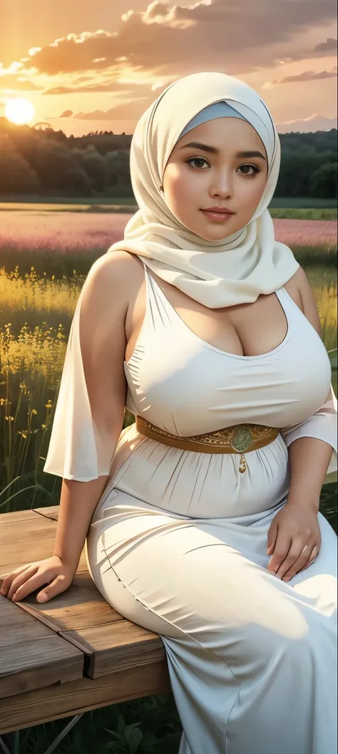 ( Close Up),RAW, Best quality, high resolution, works: 1.3), Beautiful Malay woman in hijab, Masterpiece, fit body, big breasts, beautiful big eyes, Soft smile, beautiful face, woman sitting at a table in a green meadow, traditional beauty, moment sunset, ...