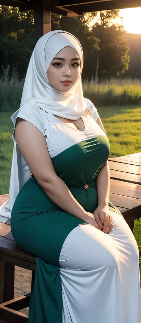 ( Close Up),RAW, Best quality, high resolution, works: 1.3), Beautiful Malay woman in hijab, Masterpiece, fit body, big breasts, beautiful big eyes, Soft smile, beautiful face, woman sitting at a table in a green meadow, traditional beauty, moment sunset, ...