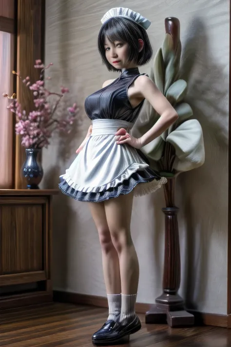 japanese milf wearing Maid Outfit, micro pants, sleeveless tops, standing, full body shot