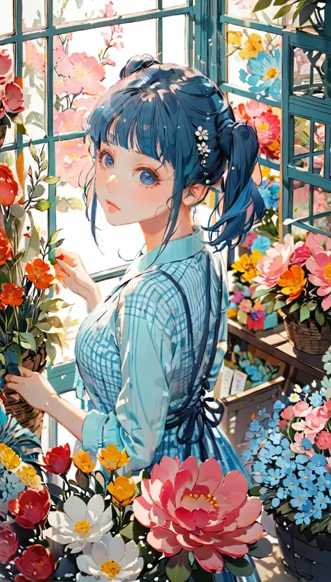 (((paper cutting style))), 1 girl, blue long medium hair, twin tail, check shirts, flower shop, portfolio from above