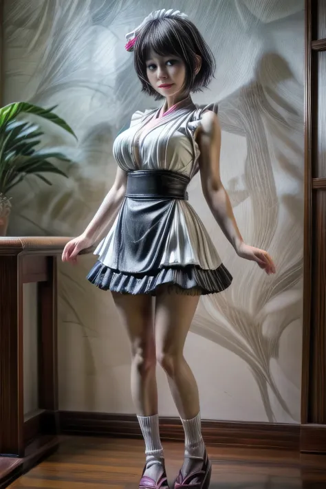 japanese milf wearing maid outfit, micro pants, sleeveless tops, standing, full body shot