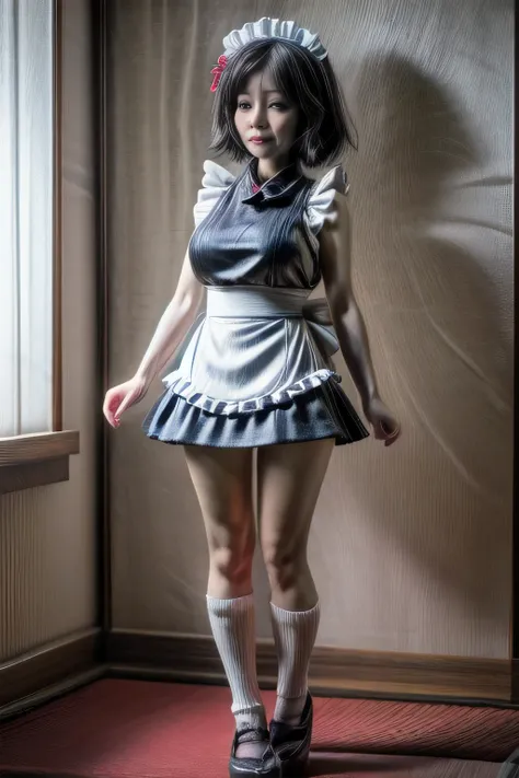 japanese milf wearing Maid Outfit, micro pants, sleeveless tops, standing, full body shot