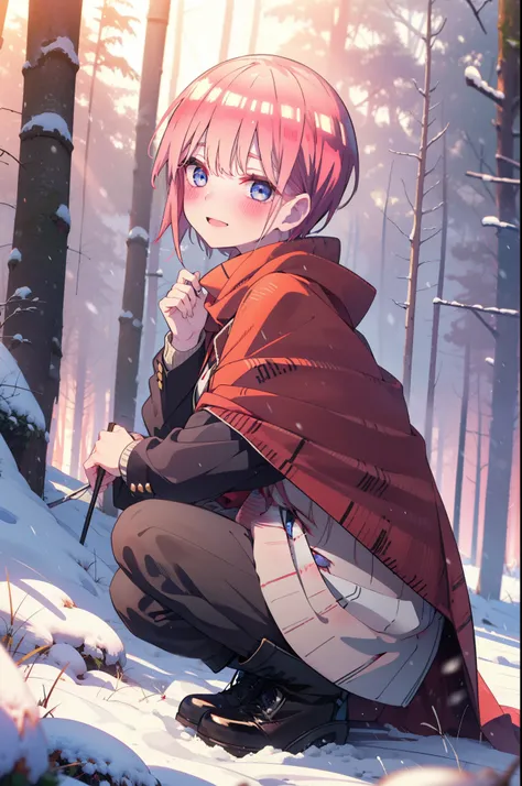 ichikanakano, ichika nakano, short hair, bangs, blue eyes, Hair between the eyes, smile,Pink Hair,smile,blush,White Breath,
Open your mouth,snow,Ground bonfire, Outdoor, boots, snowing, From the side, wood, suitcase, Cape, Blurred, Increase your meals, for...