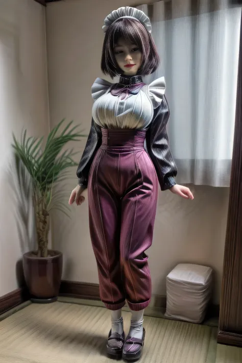 japanese milf wearing maid outfit, pants, long sleeve tops, standing, full body shot