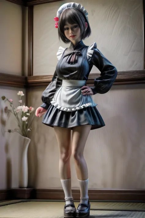 japanese milf wearing maid outfit, short pants, long sleeve tops, standing, full body shot