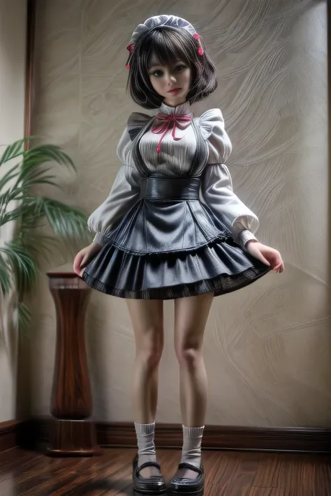 japanese milf wearing Maid Outfit, short pants, long sleeve tops, standing, full body shot