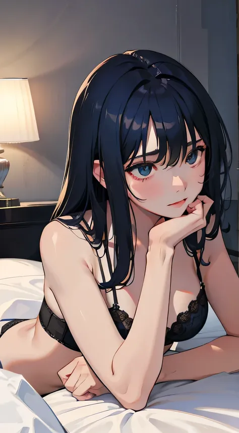 Telegraph slang，(children)，（masterpiece，best quality），dark blue ，black hair，black underwear on bed