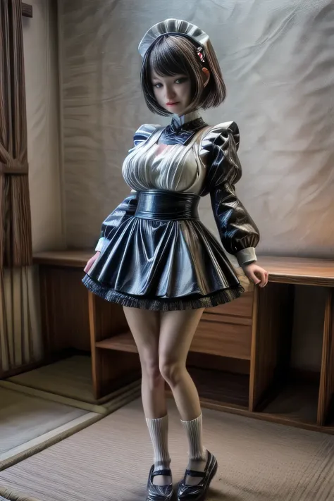 japanese milf wearing Maid Outfit, hot pants, long sleeve tops, standing, full body shot