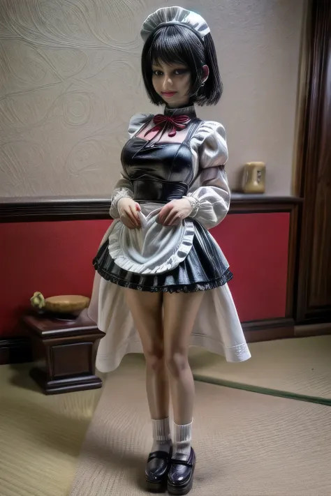 japanese milf wearing Maid Outfit, hot pants, long sleeve tops, standing, full body shot