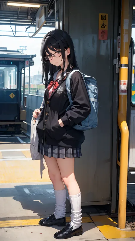 summer、Station platformでWaiting for the train、thick、Sweat、、high school girl、summer服のセーラー服、Student Bags、、Low length、(((((Eyes hidden by long bangs)))))、(((Long black hair:1.2　hair band)))(((Black-rimmed glasses:1.2　black eye)))、Strong sunlight、thicksummerの昼...