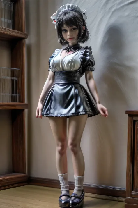 japanese milf wearing Maid Outfit, short pants, short sleeve tops, standing, full body shot