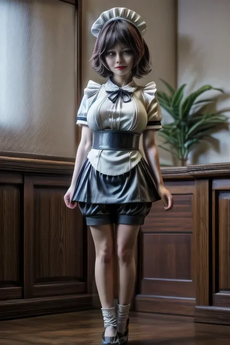 japanese milf wearing Maid Outfit, short pants, short sleeve tops, standing, full body shot