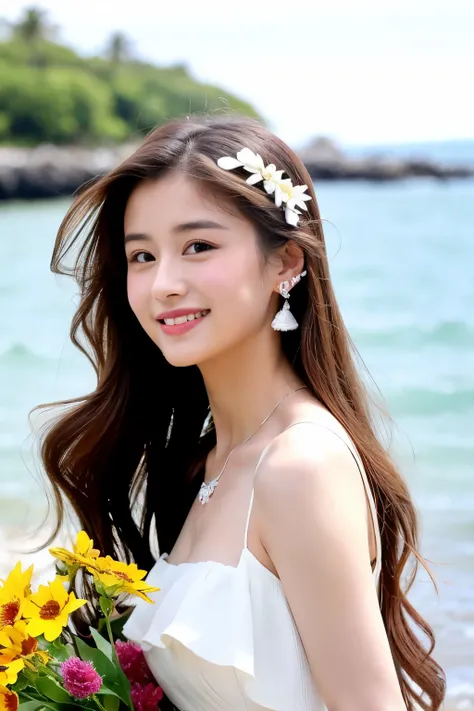 ((best quality)), ((masterpiece)), (detailed), 1 perfect face girl, hairpin, earring, bijouterie, brown wavy long hair, Looking at the audience, Lips, whole body, In the sea of flowers or on the beach, She is wearing a white long dress, face slightly sidew...