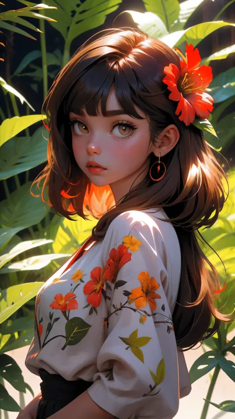 YXYcolor,1girl, only, brown hair, Flower, hair ornament, hair flower, very long hair, upper body, bangs, Looking at the viewer, Simple background, leaf, Bob Cut, Plant, shirt, purple shirt, blunt bangs, red flower, red lips, brown eyes, tropical leaves on ...