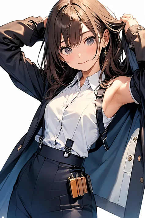 Brown Hair、Staring at the audience　　　Black suspenders　　　bulging big breasts　　 　 　　　wall: 　Black pantsuit　　　　　　sight　　　Small face　 　　　holster　　　Beautiful woman　　Show your hand　　 　sight 　　Taunt　side　side汗 　arm　Dress shirt　Black Suit　ベルト wall際　Put your hands ...