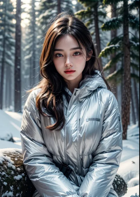 a beautiful Korean girl in a snowy forest, 20 years girl, detailed portrait, beautiful detailed eyes, beautiful detailed lips, extremely detailed face, long eyelashes, detailed skin, above knee length Clear Slim Fit Jacket Dress, beautiful soft thighs, sno...