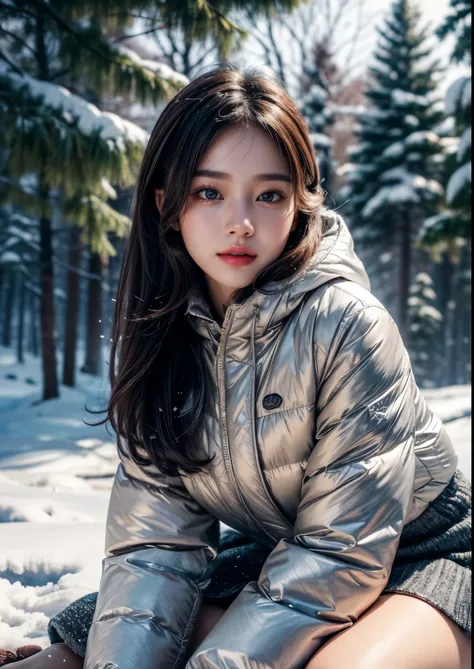 a beautiful Korean girl in a snowy forest, 20 years girl, detailed portrait, beautiful detailed eyes, beautiful detailed lips, extremely detailed face, long eyelashes, detailed skin, above knee length Clear Slim Fit pink Jacket Dress, beautiful soft thighs...