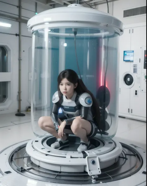 (photorealistic:1.4), (best quality:1.0), (ultra highres:1.0), 8k, RAW photo, (masterpiece:0.2), 
(stasis pod:1.5), 1girl squat, floating, (in container:0.5), liquid, bubbles, cable