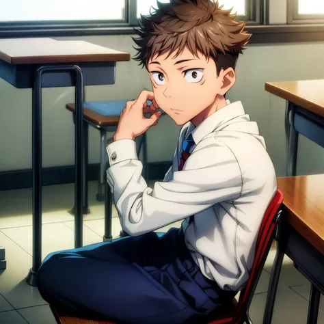 context, one boy, Wearing school uniforms for boys, Kaguran, Sit alone, In class