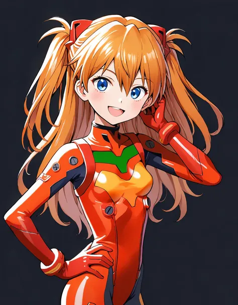 1girl,long hair,plugsuit,bodysuit,souryuu asuka langley,pilot suit,bracer,blue eyes,smile,open mouth,breasts,bangs,turtleneck,so...