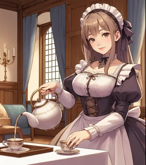 1lady solo, standing, ((pouring tea into a cup:1.1) on table), female servant, (maid outfit) classical, (calm attire), (long skirt), (maid headset), mature female, /(beige brown hair/) bangs, kind smile, (looking at viewers), (masterpiece best quality:1.2)...